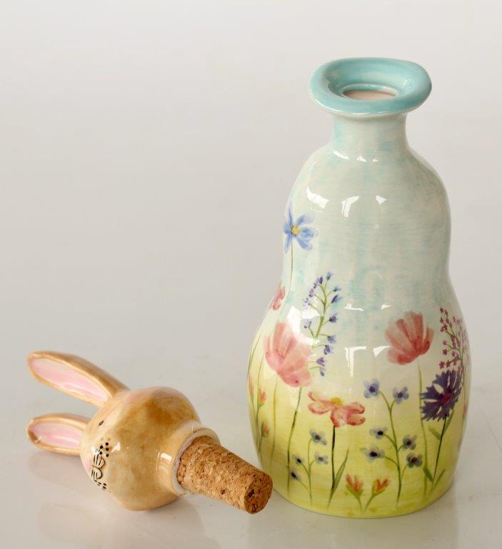 Large Ceramic Bottle Bunny Head Blue Floral Design